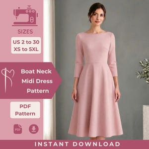 Könnte beinhalten: Ein altrosa Midikleid mit U-Boot-Ausschnitt und Dreiviertelärmeln. Der Text auf dem Bild lautet: SIZES US 2 to 30 XS to 5XL, Boat Neck Midi Dress Pattern, PDF Pattern und INSTANT DOWNLOAD. Das Kleid hat ein figurbetontes Oberteil.