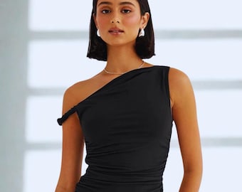 Ruched Crop Top Women Slimming Off Shoulder Tank Top Fitted Body Shaping Top Clean Girl Aesthetic Summer Outfit Minimal Style