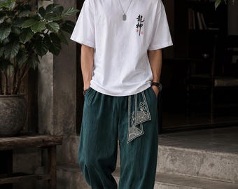 Japanese Harem Pants Men Samurai Style Cotton Linen Loose Fit Ukiyo Print Drawstring Trousers Harajuku Streetwear Pants