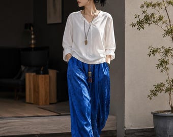 Harem Pants Men Japanese Style Wide Leg Pants Dragon Silk Trousers Loose Fit Festival Pants Boho Streetwear Samurai Pants