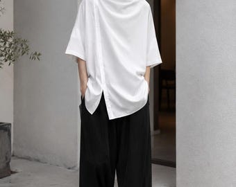 Japanese Asymmetrical Shirt Mens Oversized Mock Neck Tee Minimalist Streetwear Half Sleeve Loose Casual Summer Top