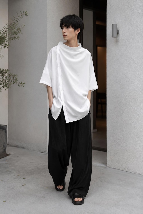 Japanese Asymmetrical Shirt Mens Oversized Mock Neck Tee Minimalist Streetwear Half Sleeve Loose Casual Summer Top