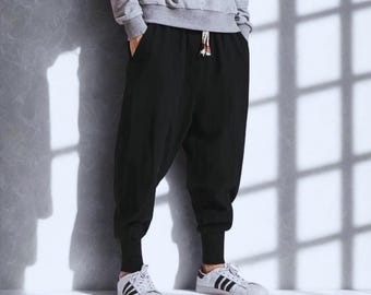 Mens Linen Harem Pants Japanese Style Loose Fit Drop Crotch Trousers Elastic Waist Casual Zen Minimalist Pants Summer