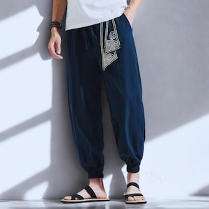 Japanese Harem Pants Men Samurai Style Cotton Linen Loose Fit Ukiyo Print Drawstring Trousers Harajuku Streetwear Pants