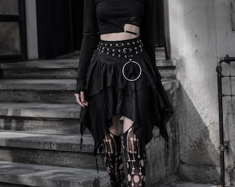 Gothic Irregular Hem Skirt Women High Waist Black Mini Skirt Belted Alt Streetwear Grunge Outfit Festival Skirt