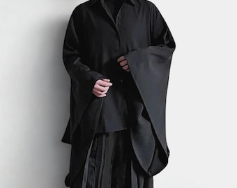 Japanese Style Black Oversized Shirt Men Bat Sleeve Kimono Shirt Minimalist Dark Aesthetic Loose Fit Avant Garde Top