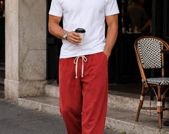 Mens Linen Jogger Pants Elastic Waist Tapered Cuff Lightweight Casual Pants Breathable Cotton Loose Fit Summer Trousers