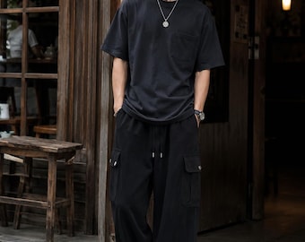 Japanese Wide Leg Cargo Pants Men Loose Fit Streetwear Trousers Elastic Waist Drawstring Baggy Utility Pants Vintage Style