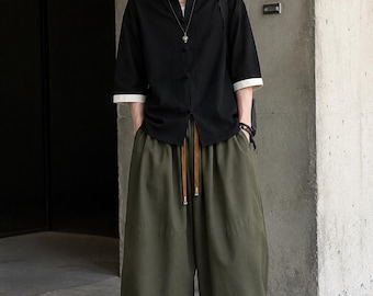 Men’s Korean Harem Pants Loose Fit Cotton Drawstring Trousers Streetwear Minimalist Wide Leg Pants
