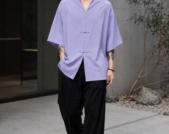 Japanese Oversized Shirt Men Mandarin Collar Kimono Shirt Minimalist Black Tunic Loose Fit Frog Button Summer Top