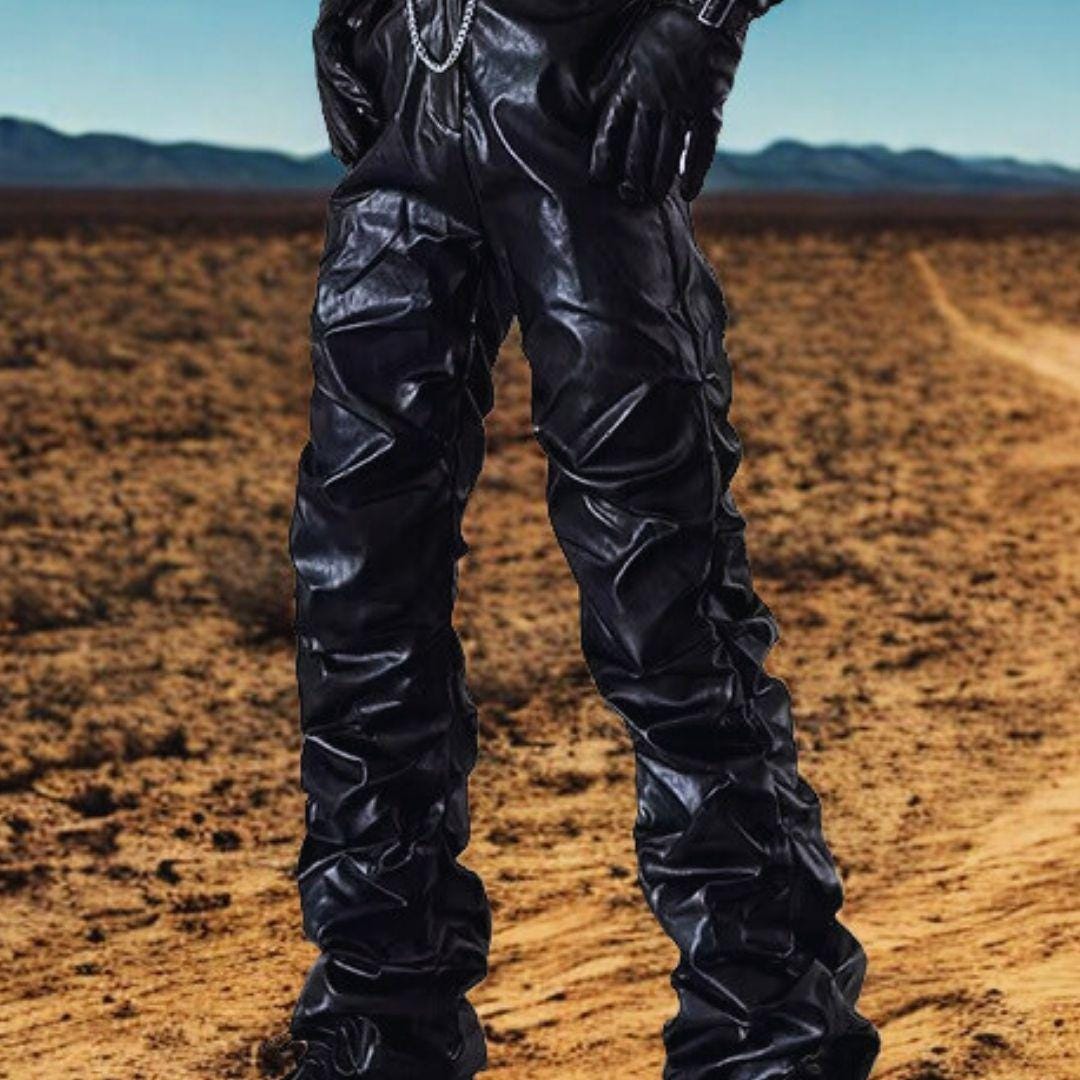 Cyberpunk Leather Stacked Pants Men Gothic Techwear Black Ruched PU ...