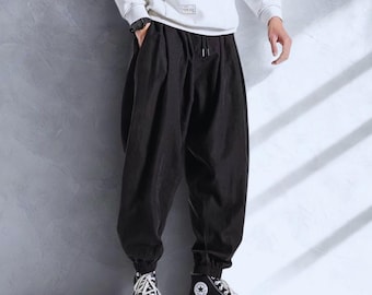Mens Black Streetwear Joggers Loose Fit Harem Pants Hip Hop Casual Sweatpants Elastic Waist Tapered Pants Urban Style