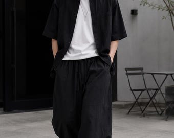 Mens Linen Harem Pants Loose Fit Wide Leg Drawstring Trousers Casual Japanese Style Oversized Summer Pants