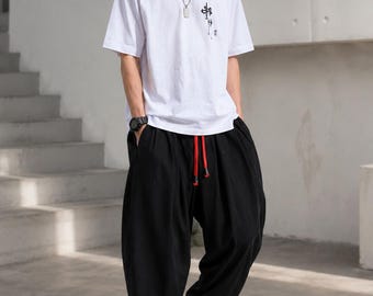 Mens Harem Pants Cotton Linen Loose Fit Chinese Style Joggers Breathable Casual Pants Zen Minimalist Lounge Trousers