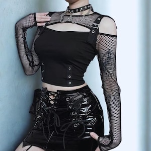 Goth Fishnet Off Shoulder Top Women Black Buckle Strap Punk Shirt Alt Grunge Long Sleeve Cutout Top Dark Aesthetic Outfit