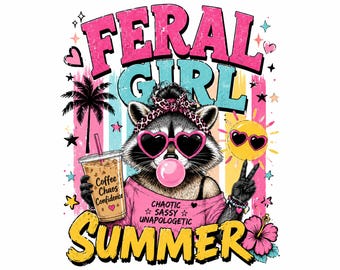 Wildes Mädchen Sommer PNG Shirt Design, lustige Waschbär T-Shirt Grafik, freche Girly Sommerferien digitale Datei, Eiskaffee Kokette Geschenk Tee