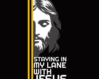 Mit Jesus PNG auf meiner Spur bleiben, christlicher Glaube-Shirt-Design, religiöse Sublimationsgrafik, lustige Kirchen-Digitaldatei für Jesus-Kleid
