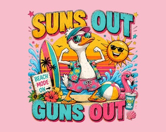 Sonnen aus Waffen heraus PNG Shirt-Design, lustige Gans-Strand-T-Shirt Grafik, Sommerferien-Digital-Datei, biegendes Vogel-Humorgeschenk, Urlaubs-T-Shirt