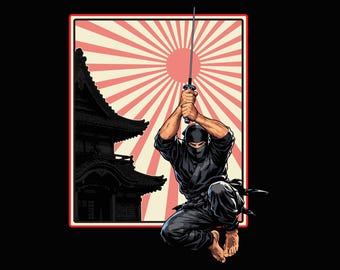 Ninja PNG Shirt Design, Japanische Krieger T-Shirt Grafik, Samurai Martial Arts Digitale Datei, Shinobi Katana Anime Geschenk, Retro Poster Tee Art