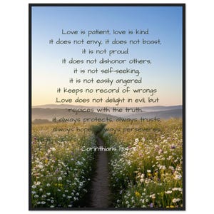 May include: A framed print showing a path through a wildflower meadow under a blue and yellow sky. The text from 1 Corinthians 13:4-7 is displayed in the sky. The image evokes a sense of peace and tranquility.