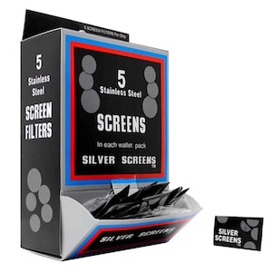 May include: A box of Silver Screens stainless steel screen filters. The box is black with red and blue accents and the text "5 Stainless Steel SCREENS" in white. A small, individual screen is displayed to the right.