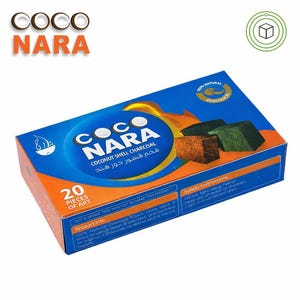 May include: A blue and orange box of Coco Nara coconut shell charcoal. The box features the brand name and product information, including "20 pieces of art." The box displays three charcoal briquettes in brown and green.