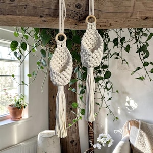 Op de afbeelding: Twee crèmekleurige macramé plantenhangers met houten ringen en lange kwasten hangen aan een houten balk. De hangers zijn gevuld met planten, en de achtergrond omvat een raam en meer groen, waardoor een natuurlijke, bohemien esthetiek ontstaat.