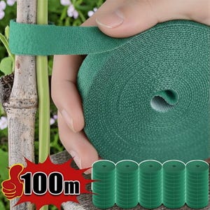 May include: A roll of green plant tie tape is held in a hand, with a piece wrapped around a bamboo stalk. The image shows the tape is 100 meters long. Several smaller rolls of the same tape are also visible.