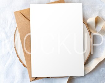 Minimalist 5x7 Invitation Mockup | White Linen, Wood, Kraft Envelope (Digital Download)