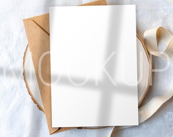 Minimalist 5x7 Wedding Invitation Mockup | White Linen, Wood, Kraft Envelope (Digital Download)