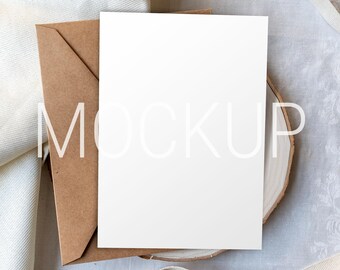Minimalist 5x7 Invitation Mockup | White Linen, Wood, Kraft Envelope (Digital Download)