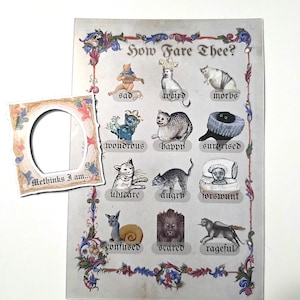 May include: A rectangular print titled How Fare Thee? featuring twelve medieval-style cat illustrations with labels including sad, weird, morbs, wondrous, happy, surprised, uhteare, angry, forswunt, confused, scared, and rageful, plus a separate oval frame.