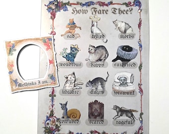 May include: A rectangular print titled How Fare Thee? featuring twelve medieval-style cat illustrations with labels including sad, weird, morbs, wondrous, happy, surprised, uhteare, angry, forswunt, confused, scared, and rageful, plus a separate oval frame.