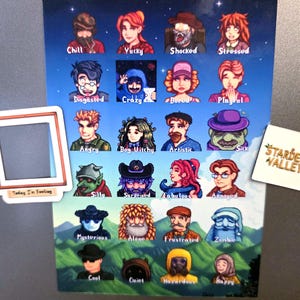 May include: A rectangular magnet featuring a grid of cartoon faces, each representing a different emotion, such as "Chill," "Angry," and "Happy." The magnet also includes a small, white frame and a "Stardew Valley" logo.