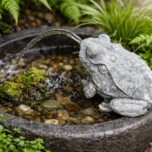 May include: A stone frog fountain with water spouting from its mouth into a stone basin. The fountain is surrounded by greenery, including ferns and small plants. The water flows over small rocks and moss.