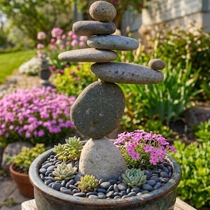 May include: A balanced stone sculpture with stacked, flat rocks of varying sizes. The sculpture sits in a ceramic pot filled with small black stones, succulents, and pink flowers. The pot has a blue-green glaze.