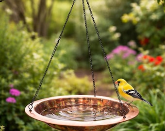 Copper Hanging Bird Bath, Fired Torched Bowl, Garden Bird Feeder & Patio Decor