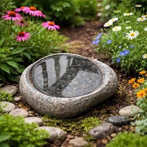 May include: A gray stone bird bath with a dark interior, surrounded by green plants, small rocks, and colorful flowers. The bird bath has a smooth, rounded shape and is filled with water, reflecting the surroundings.