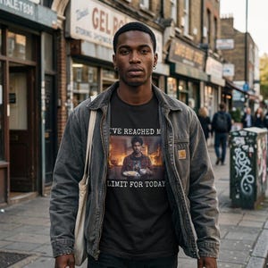 Op de afbeelding: Een zwart t-shirt met de tekst "I'VE REACHED MY LIMIT FOR TODAY" en een afbeelding van een persoon met eten en vuur. De persoon draagt een grijze jas en staat op een stoep.