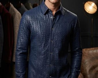 Men's Navy Blue Woven Leather Shirt, Luxury Pattern Design, Designer Long Sleeve Button-Down Jacket, High Fashion Statement Apparel