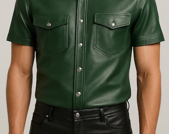 Handgefertigtes grünes Lederhemd Herren – Echtes Schafsleder Militärhemd mit Schulterklappen – Slim Fit Bikerlederhemd – Western-Druckknöpfe