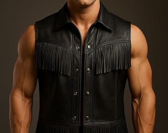 Men’s Genuine Leather Fringe Vest | Cowboy Steampunk Costume Jacket | Handmade Western Tassel Biker Rodeo Vintage Leather Vest