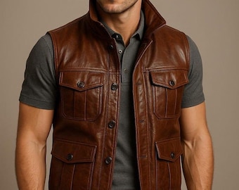 Handmade Brown Leather Biker Vest | Custom Western Cowboy Style Waistcoat | Genuine Leather Slim Fit Vest for Men Biker Outfit