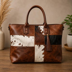 LeatherProHide Cowhide Tote Bag, Genuine Leather Patchwork Purse, Brown White Cow Print Handbag, Handmade Western Shoulder Bag