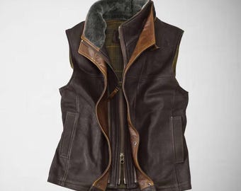 Herr mörkbrun läderväst i western cowboystil med äkta fårskinnsfoder, handgjord läderväst, bikerväst | handgjord läderväst