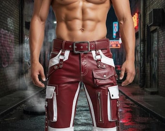 Pantalones cortos cargo de piel de cordero auténtica roja y blanca hechos a mano para hombre, pantalones cortos de motociclista steampunk para cosplay, pantalones cortos de moda urbana para festivales.
