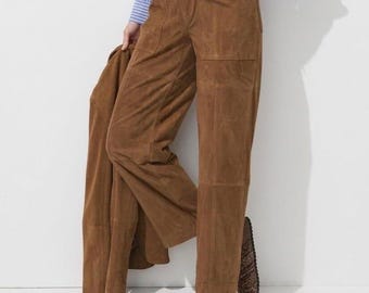 Pantalones rectos de ante marrón para mujer – Pantalones de ante auténtico hechos a mano, de talle alto y aspecto elegante, LeatherProHide