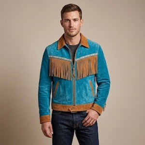 Chaqueta de ante turquesa para hombre con flecos, estilo vaquero occidental, atuendo vintage de rodeo, prenda de abrigo llamativa de cuero genuino / Chaqueta de cuero para hombre