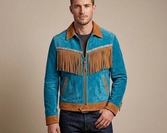 Men’s Turquoise Suede Fringe Jacket Western Cowboy Style Coat Vintage Rodeo Outfit Genuine Leather Statement Outerwear| Men leather jacket