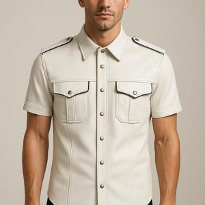 May include: A short-sleeved off-white shirt featuring a structured collar, a central button-down placket with metallic buttons, two chest pockets with flaps, and shoulder epaulets, all accented with thin black piping along the seams and edges.